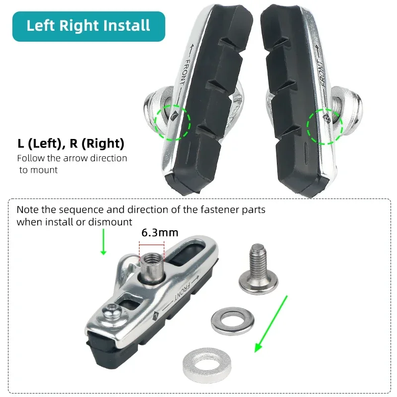 Road Bike Caliper Brake Blocks for Metal Rim C Clamp Wheel Friction Pads Replacement Bicycle Alum. Shoes W/ Inserts Low Noise