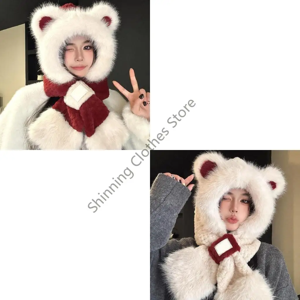

M68A Winter Plush Scarf Hat With Bear Ear Soft Faux Furs Cold Weather Trapper Hat