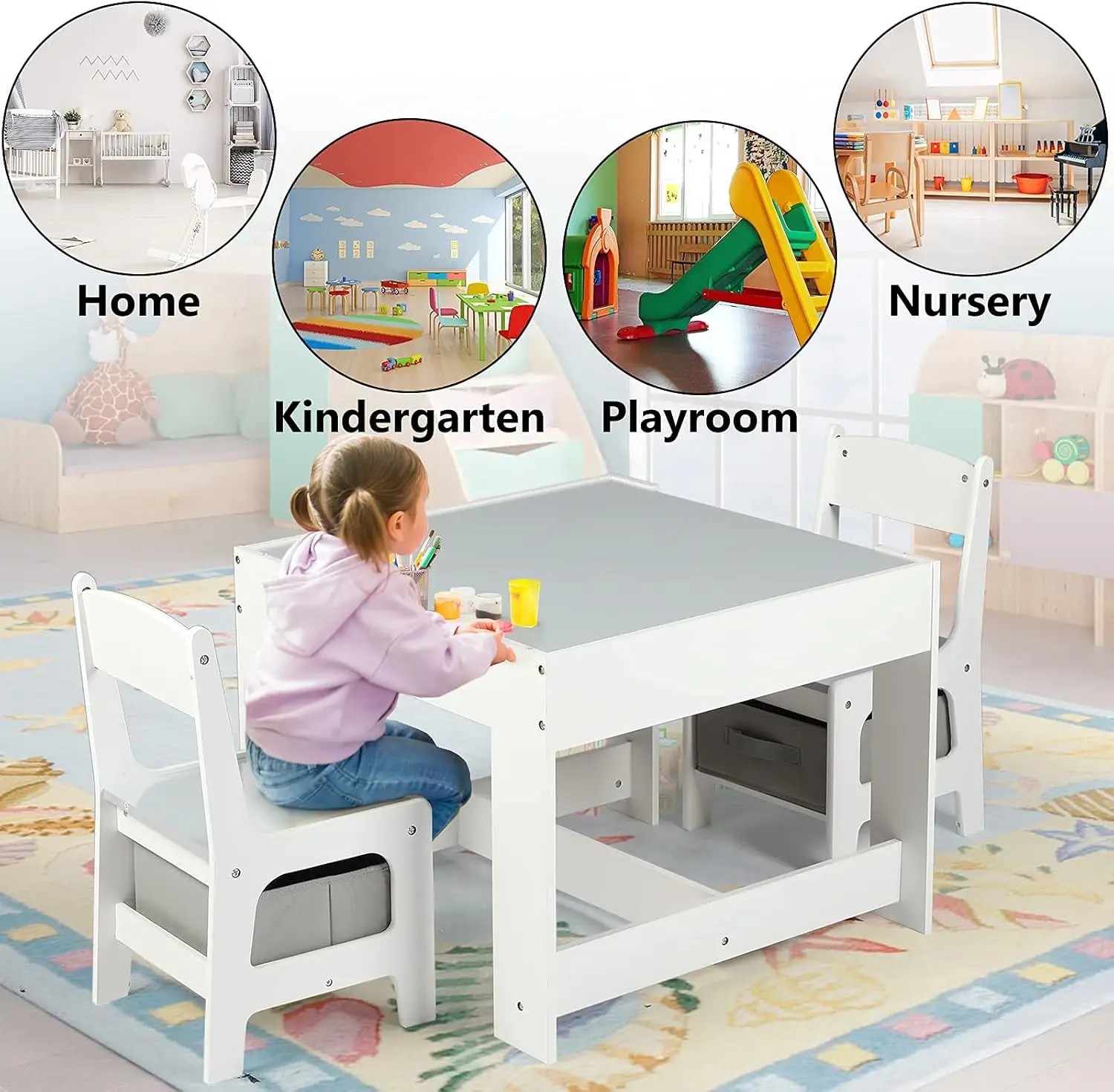 King Kids Wood Table & 2 Chairs Set, 3 in 1 Children Activity Table w/Storage, Removable Tabletop, Blackboard, 3-Piece Toddler F