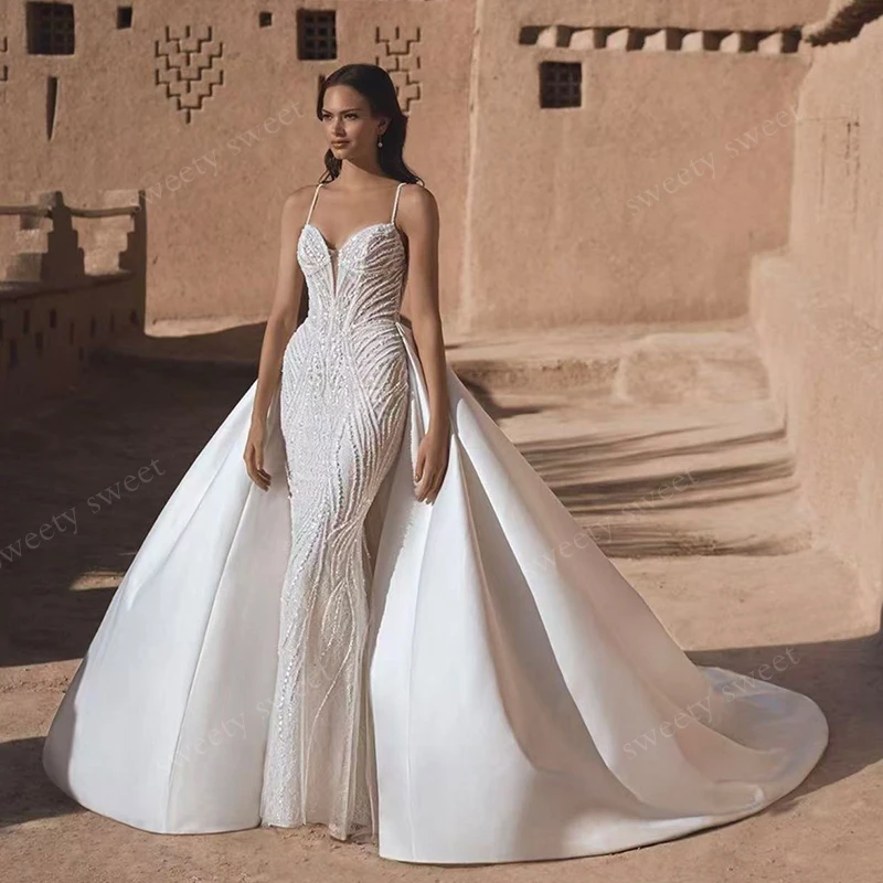 

Glitter Detachable Train Wedding Dress Bead With Satin Mermaid Ballgown Sleeveless Sweetheart V-Neck Customized Vestido De Novia