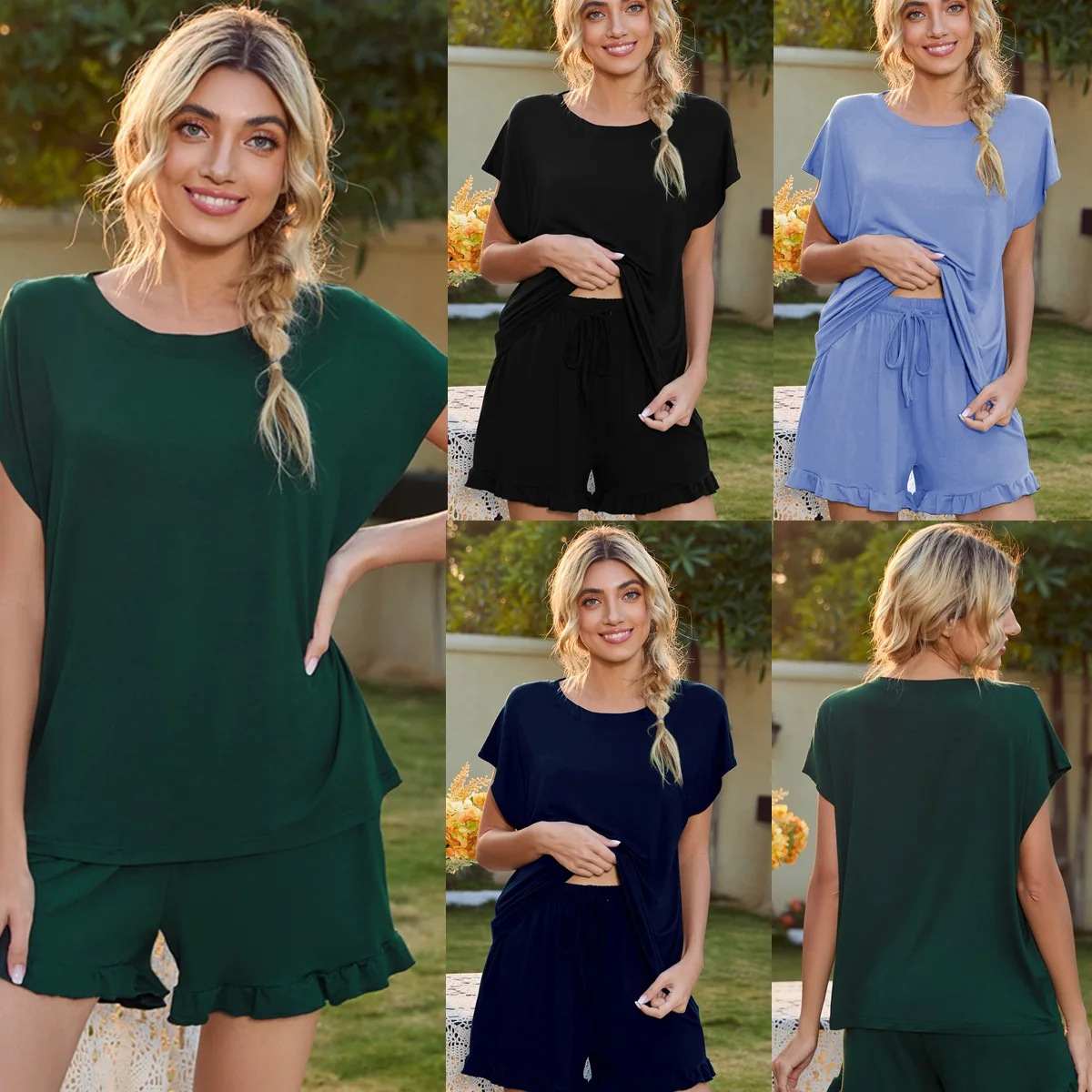 

Round Neck Casual Set Homewear Short Sleeve Wave Shorts Pajamas
