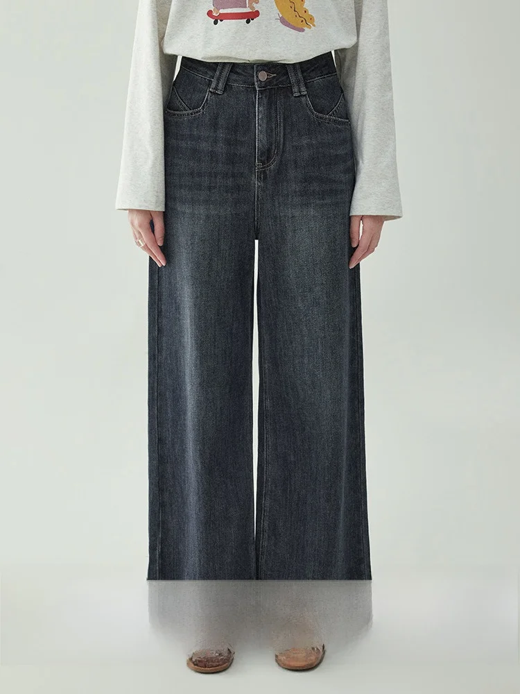 

Широкие брюки с высокой талией, американские темно-синие женские джинсы, повседневные утягивающие длинные брюки, осеннее новое поступление от AMUU