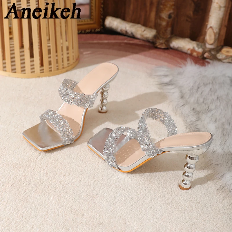 Aneikeh Sexy Silver Sequin rhinestone PVC Slippers For Women Square Toe Strange High Heels Sandals Summer Fashion Party Shoes