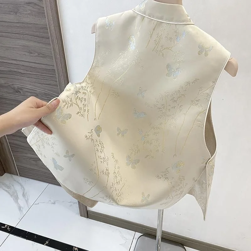 중국 스타일 조끼 자켓 여성용 봄 가을 2025 신상 민소매 코트 신상 버클 얇은 조끼 여성 패션 가디건 탑