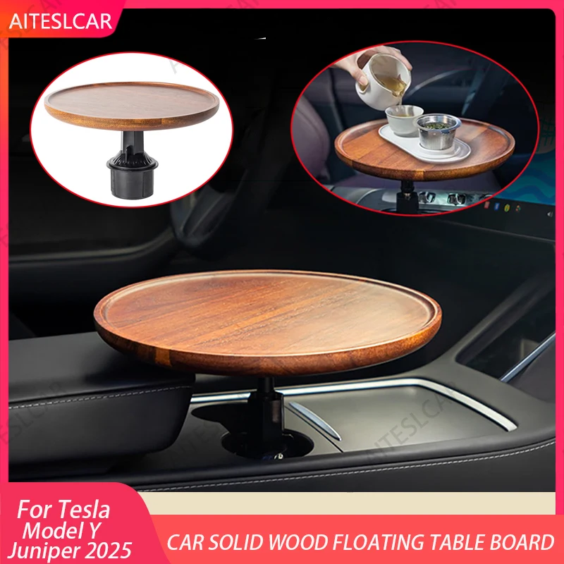 

For Tesla Model Y Juniper Multi-Function Wooden Car Food Holder with Food Table 360-Degree Adjustable Base Tray Car Accessorie