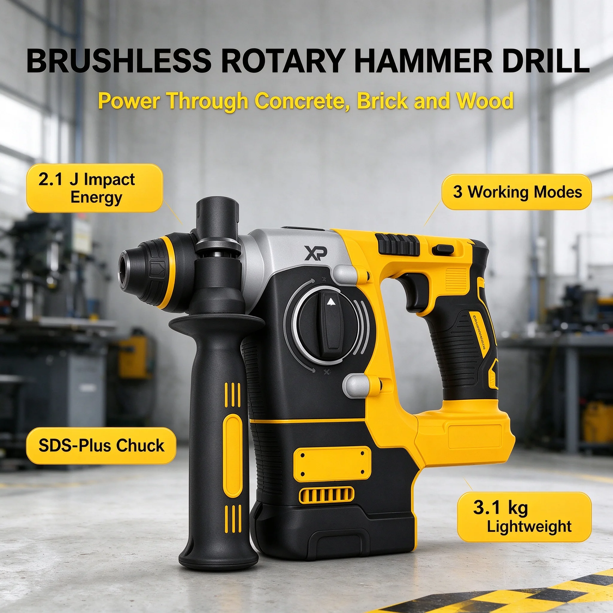 Cordless SDS-Plus Rotary Hammer Drill 20V Brushless Motor, 2.1J Impact Energy, 360° Handle for Home Renovation Concrete Drilling