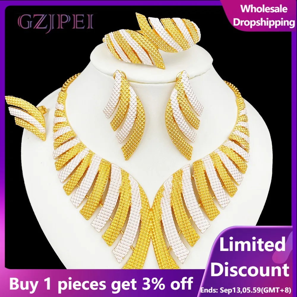 

GZJPEI Exaggerate Big Jewelry Set Two Tone Choker Necklace Bracelet Large Earring Ring Luxury Gold Plated Wedding Gift 2025 New