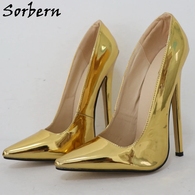 Sorbern Metallic Golden Stilettos Pump Shoes High Heels Women Pumps Shoes 18CM Heels Pointed Toe Plus Size Custom Color