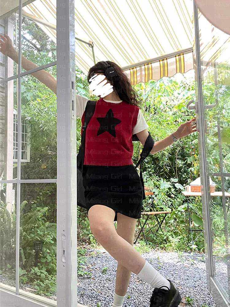 Cool Girl Star Print Round Neck Sweater Korean Streetwear Retro Slim Kawaii Pullover Sleeveless Sweater Vests Autumn Streetwear