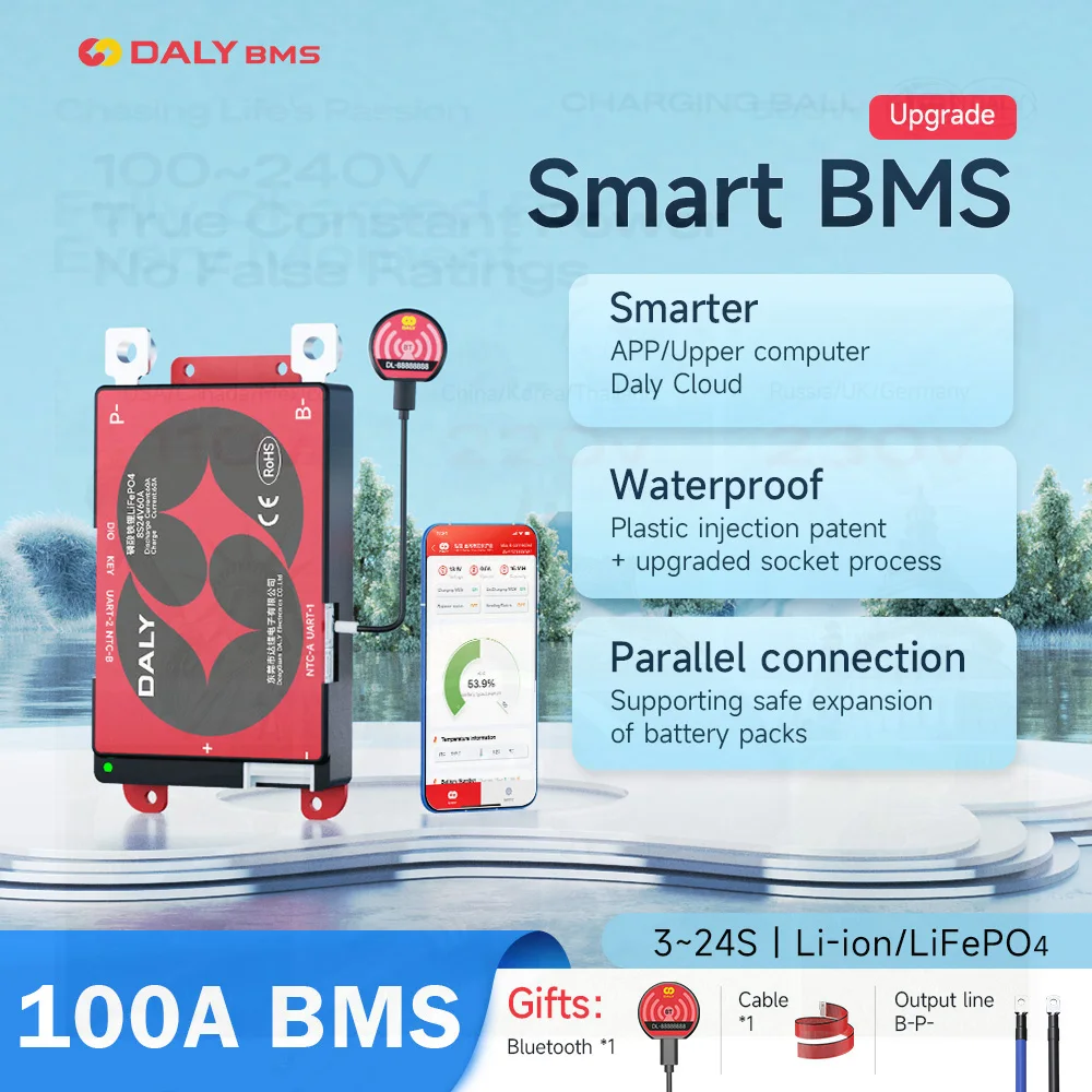 Daly Smart BMS Lifepo4 4S 12V 7S 8S 24V 10S 36V 13S 16S 48V 100A BMS Placa protetora Bluetooth Li-ion 3.7V NMC LFP Bateria BMS