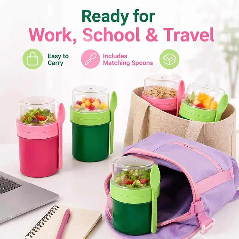 Portable Double Layer Overnight Oats Cup Leakproof Sealed Salad Breakfast Cup with Tableware Food Yogurt Container for Outdoor view 4