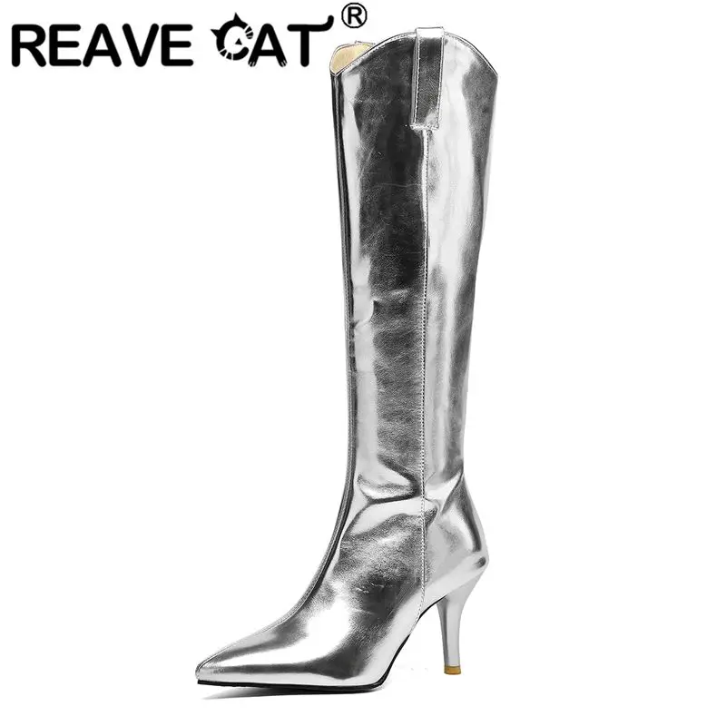 

REAVE CAT Женские сапоги до колена с острым носком 8 см на молнии на шпильке Расширенный размер 46 47 48 Сексуальная вечеринка для свиданий Bota для женщин Золото