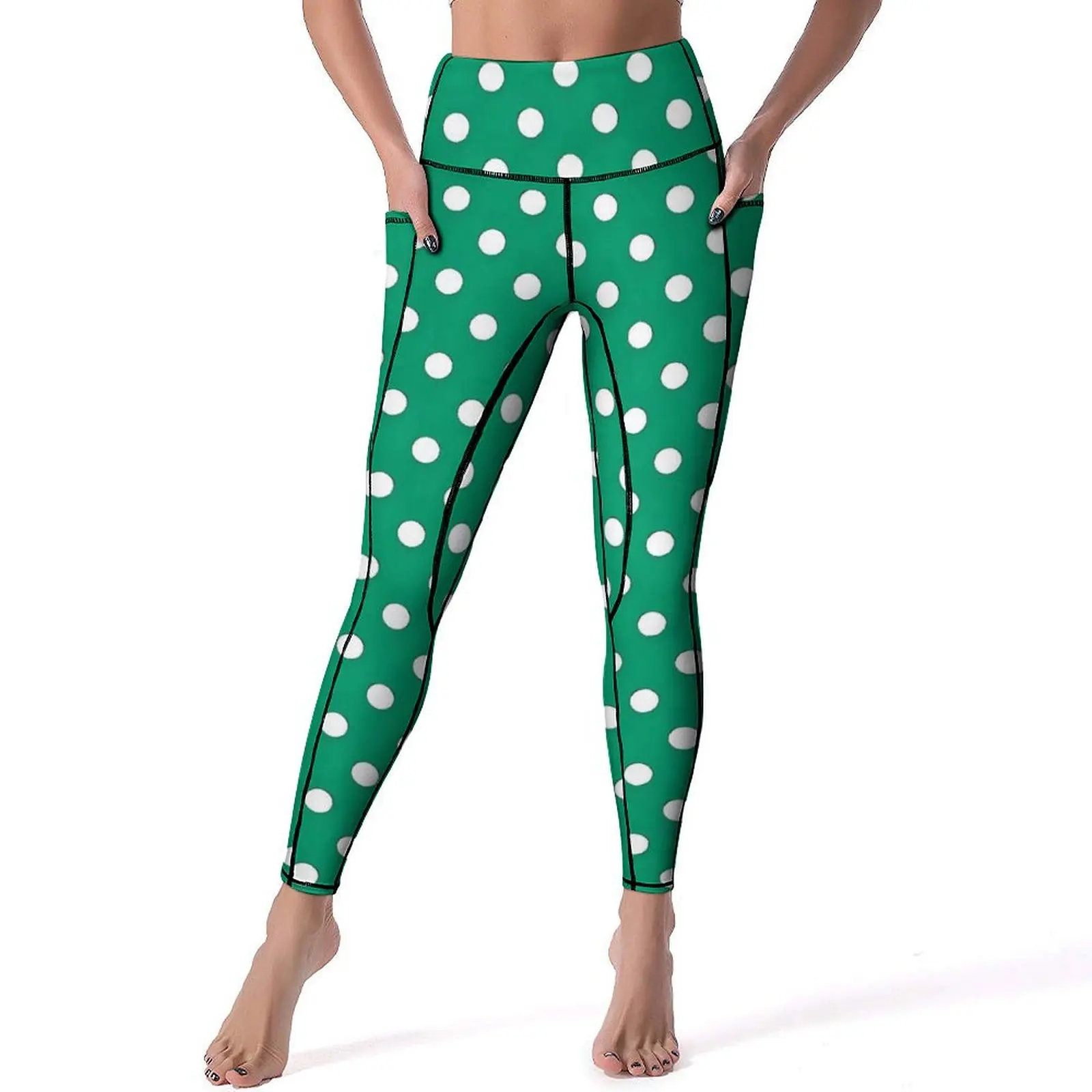 

Green And White Polka Dots Print Yoga Pants Sexy Custom Leggings Push Up Fitness Leggins Female Elegant Elastic Sport Legging