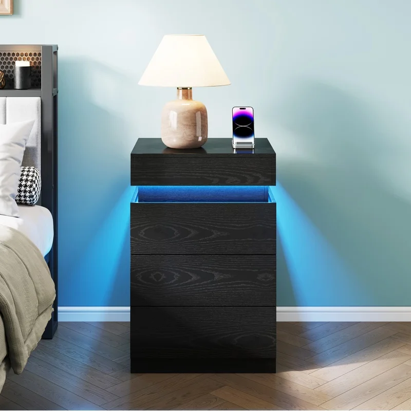

Modern Black Wooden Nightstand with Sliding Top and Built-in Charging Station, LED Lighted 3-Drawer End Table