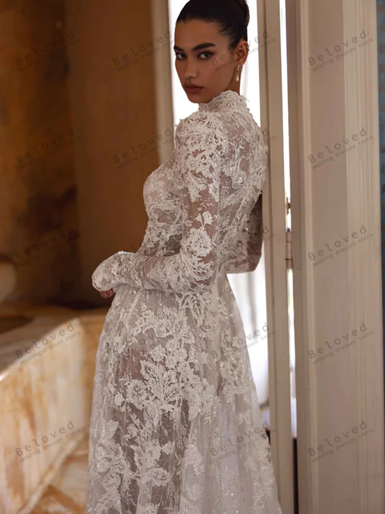 華やかなウェディングドレス ヴィンテージブライダルドレス レースティアードローブ セクシーなハイスリットフルスリーブ Vestidos De Novia カスタマイズ 2025