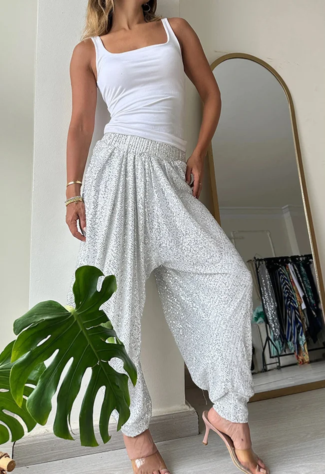 موضة جديدة عادية مطاطا الخصر الترتر بلون سليم صالح فانوس السراويل للنساء، 4 ألوان #5