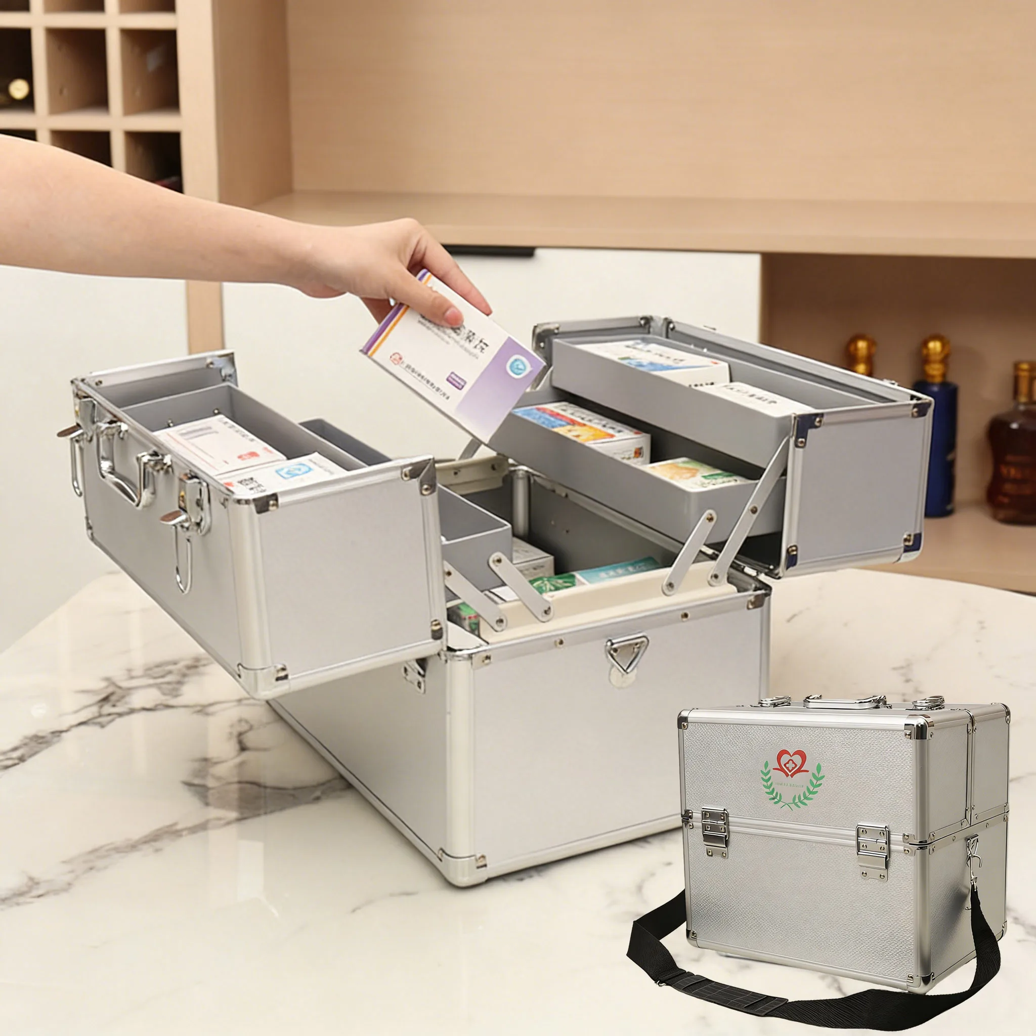 

14/18inches Double-opening Three-Tier Medicine Suitcase First Aid Box with Shoulder Strap Medical Box Aluminum Alloy Storage Box