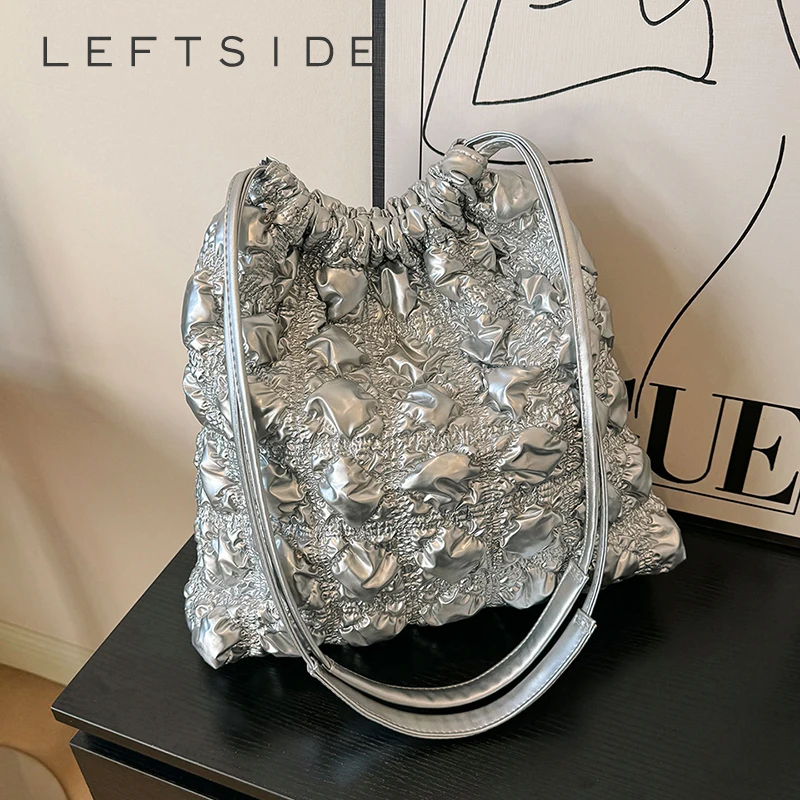 LEFTSIDE Korean Fashion Big Pleated Plaid Silver Quilted Padding Women\'s Nylon Underarm Shoulder Bag New Bag Handbag 2023 Y2K