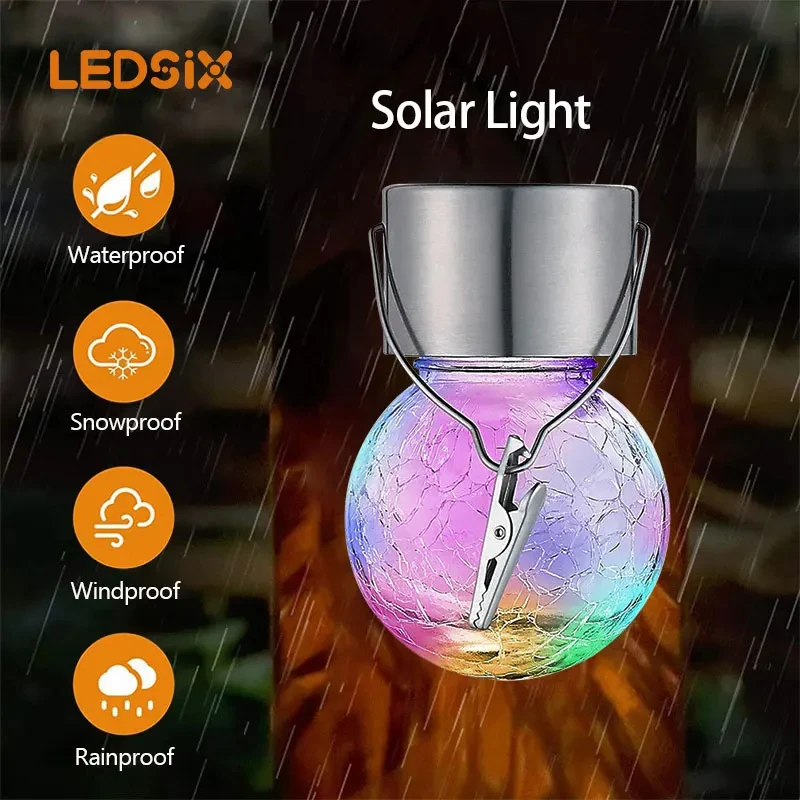 

LED Hanging Decoration Lights With Clip Waterproof Outdoor Cracked Glass Ball Solar Garden Light