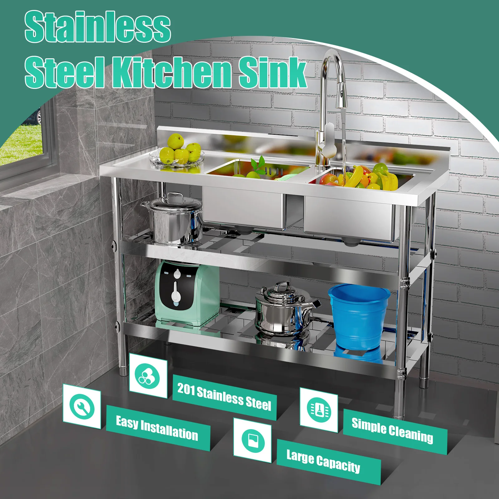 

47" Stainless Steel Utility Sink, Free Standing Double Bowl Kitchen Sink with Drawable Hot & Cold Water Faucet,Sliver