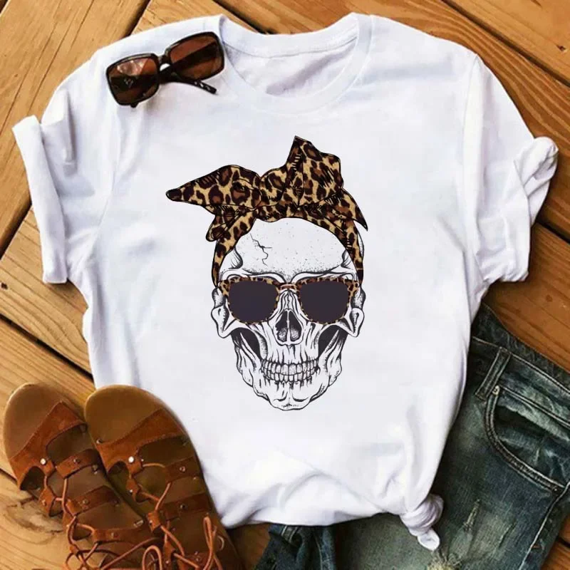 Moda Leopard nadruk z czaszką koszulka damska letnia luźna czarna koszulka damska Casual wokół szyi topy w stylu Harajuku ubrania damskie — zdjęcie 3