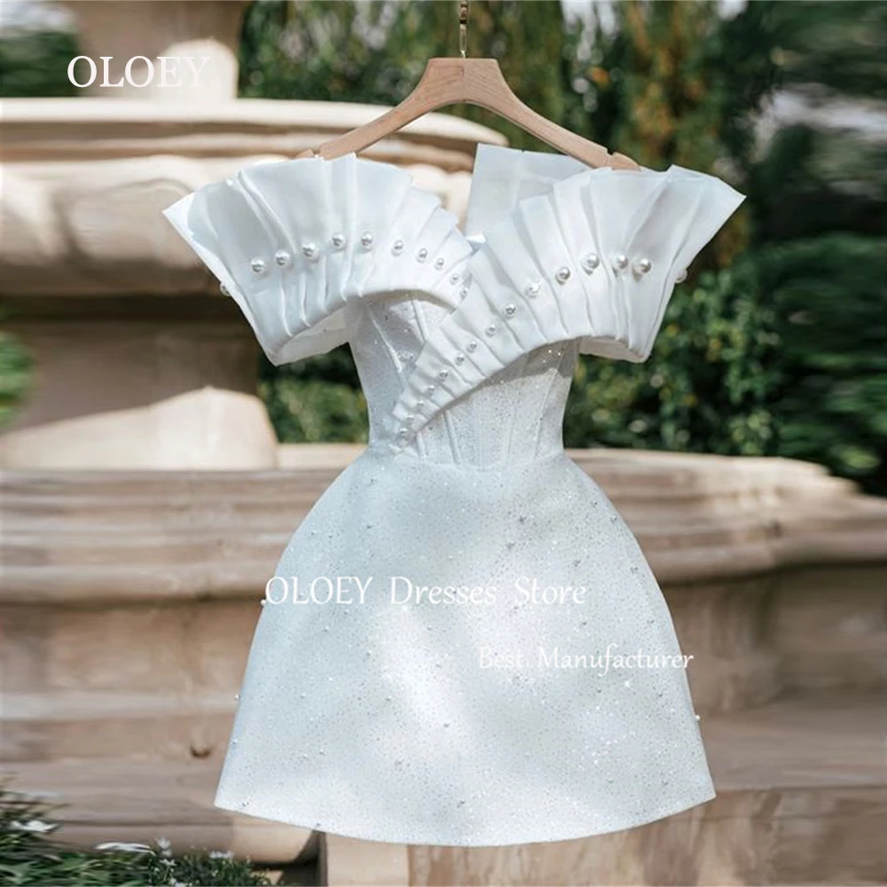 

OLOEY Modern Ivory Mini Prom Cocktail Dress Off Shoulder Pearls Beads Short Wedding Dress A Line Customized Evening Gown