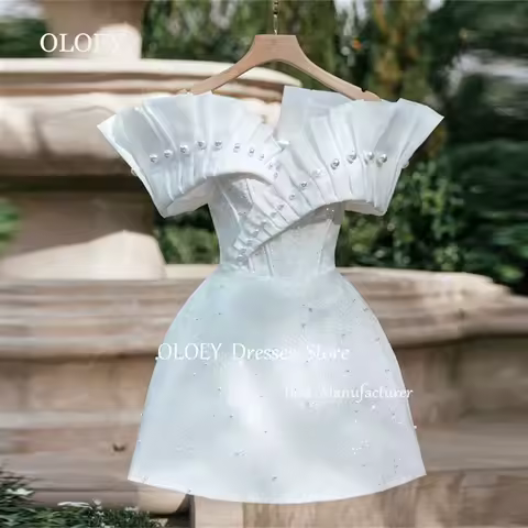 OLOEY Modern Ivory Mini Prom Cocktail Dress Off Shoulder Pearls Beads Short Wedding Dress A Line Customized Evening Gown