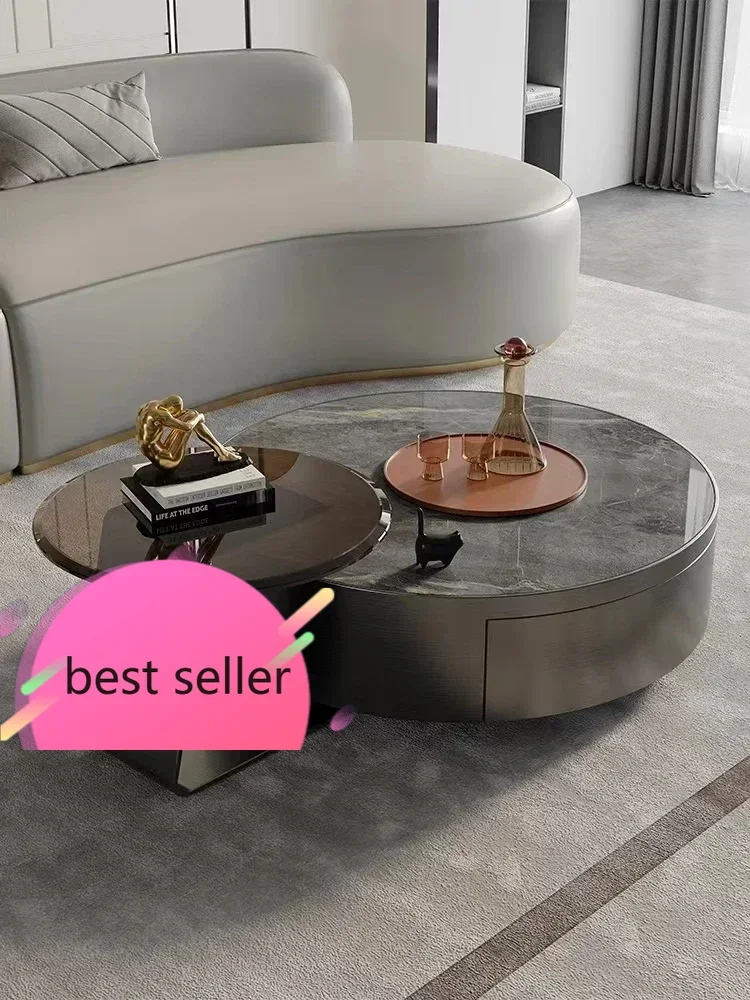 

BJ Italian Style Light Luxury Modern Simple Small Apartment Coffee Table Combination Stainless Steel Round Stone Plate Coffee Ta