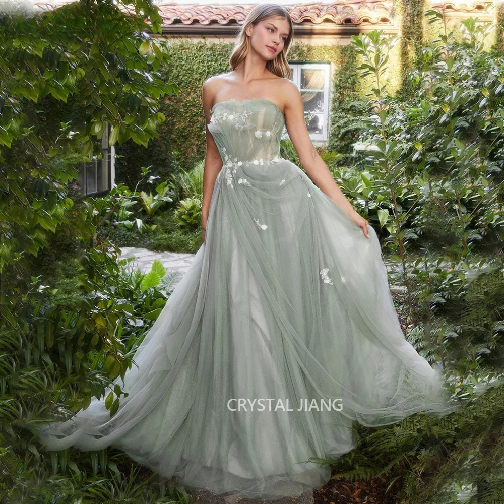 

Simple Long Green Strapless Tulle Evening Dresses Sleeveless A Line Floor Length Vestido De Noche Elegante Mujer