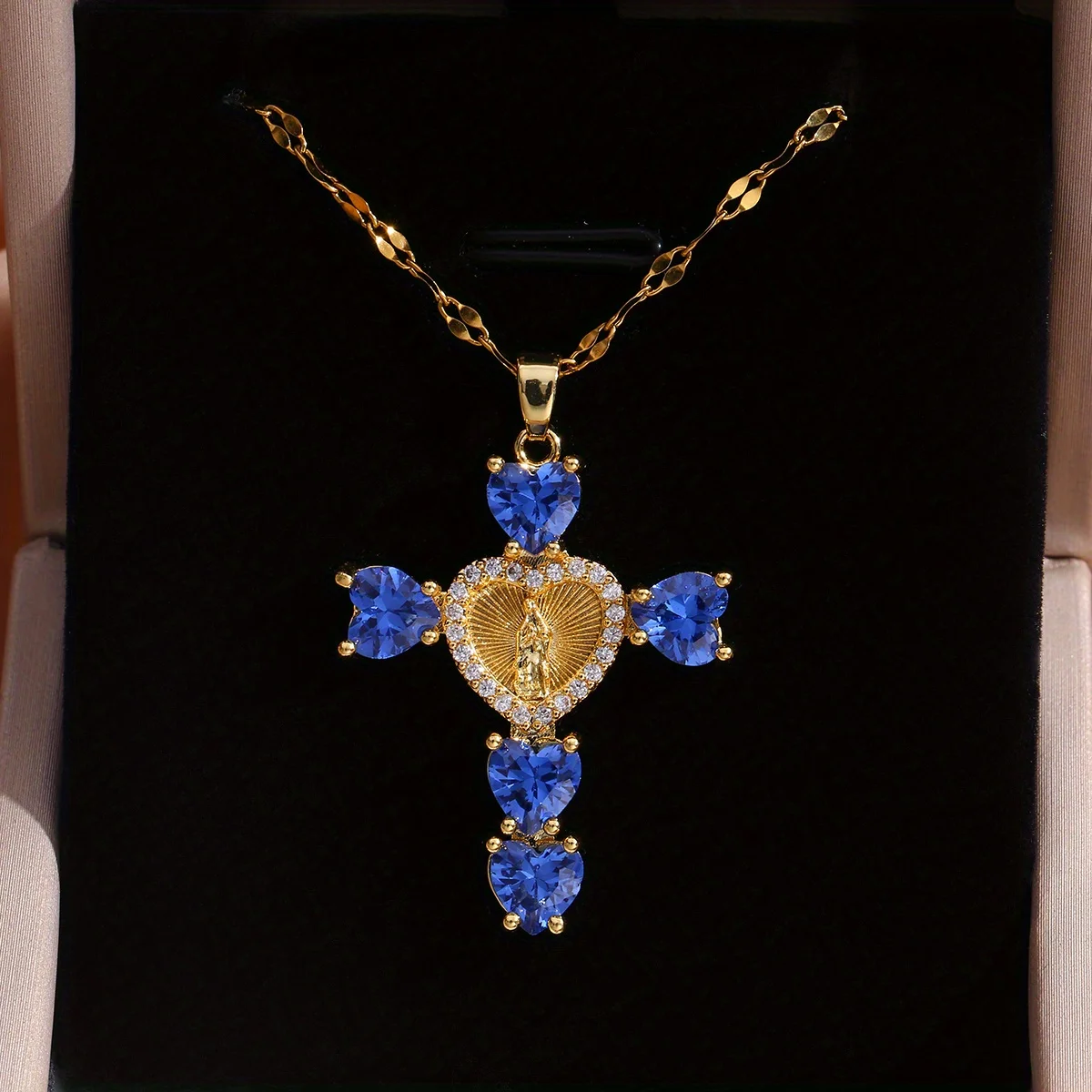 Blue Transparent Love Virgin Mary Cross Pendant Necklace, Religious Amulet Jewelry Gift, Suitable for Many Occasions