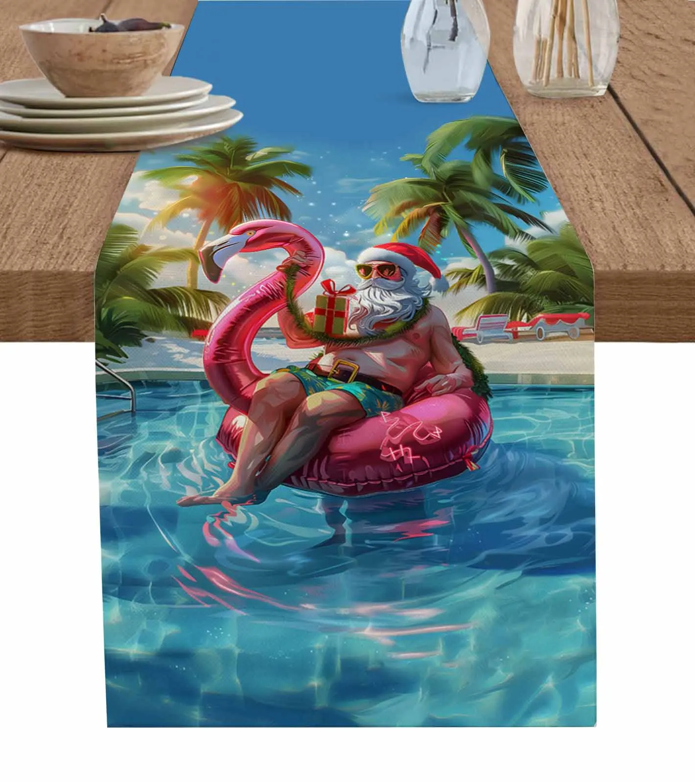 Christmas Flamingo Pool Santa Palm Tree Decorations Coffee Table Decor Tablecloth Table Kitchen Decorative Table