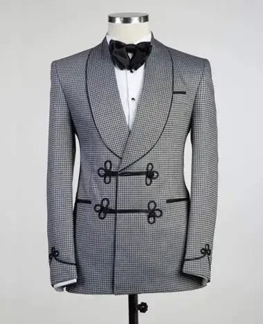 Houndstooth Men Suits 2 Pcs Smoking Jacket With Mandarin Buttons Double Breasted Formal Tuxedos Dinner Prom Blazer (Jacket+Pant)