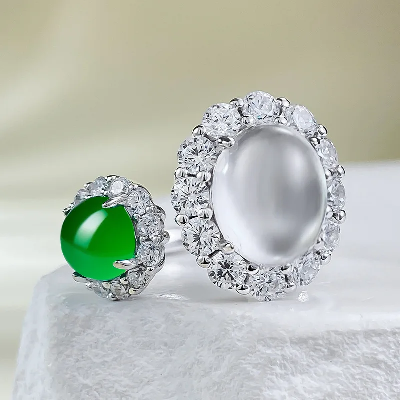 Jewelry S925 Silver Inlaid with Natural Foam Jade 8 * 10mm Oval Opening Ring, Egg Faced Green Chalcedony, Niche and Versatile