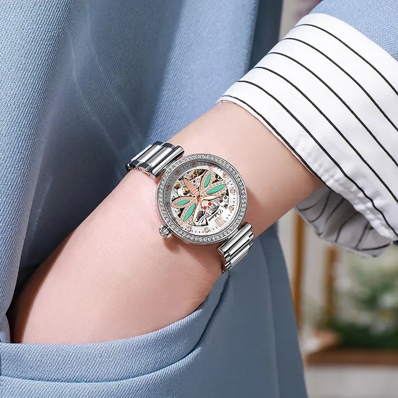 Tourbillon Hollow Orologio meccanico automatico Orologio da donna impermeabile con libellula creativa Orologio sportivo per il tempo libero che si illumina al buio