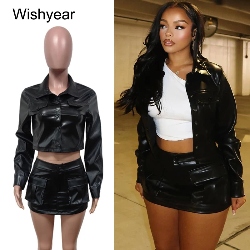 Sexy Club Dance Midnight Bar Outfits Women PU Faux Leather Long Sleeve single-breasted Crop Jacket and Shorts Skirts 2 Piece Set