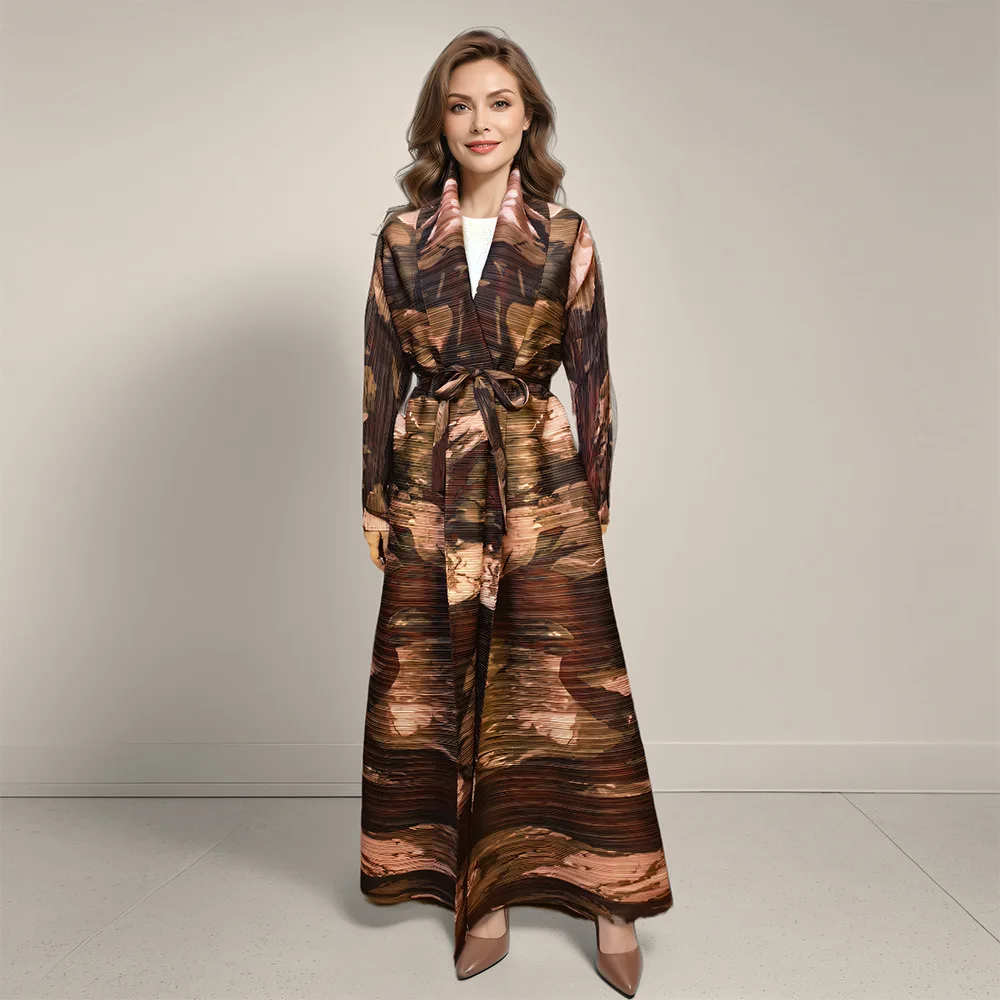 

Cardigan jacket autumn Middle East robe printed lace-up large size Muslim Dubai robe women's fashion simple temperament elegant