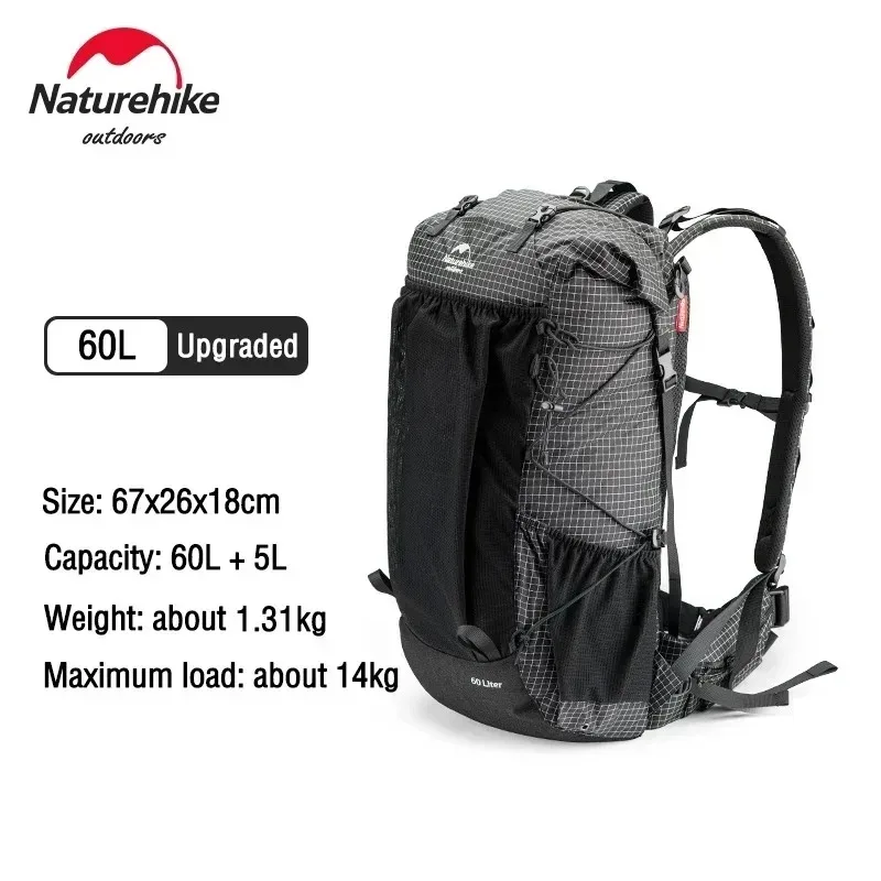 Naturehike Backpack Rock 2.0 Outdoor Herren- und Damen-Wanderrucksack, großes Fassungsvermögen, 60 + 5 l, wasserdichter Kletter- und Reiserucksack