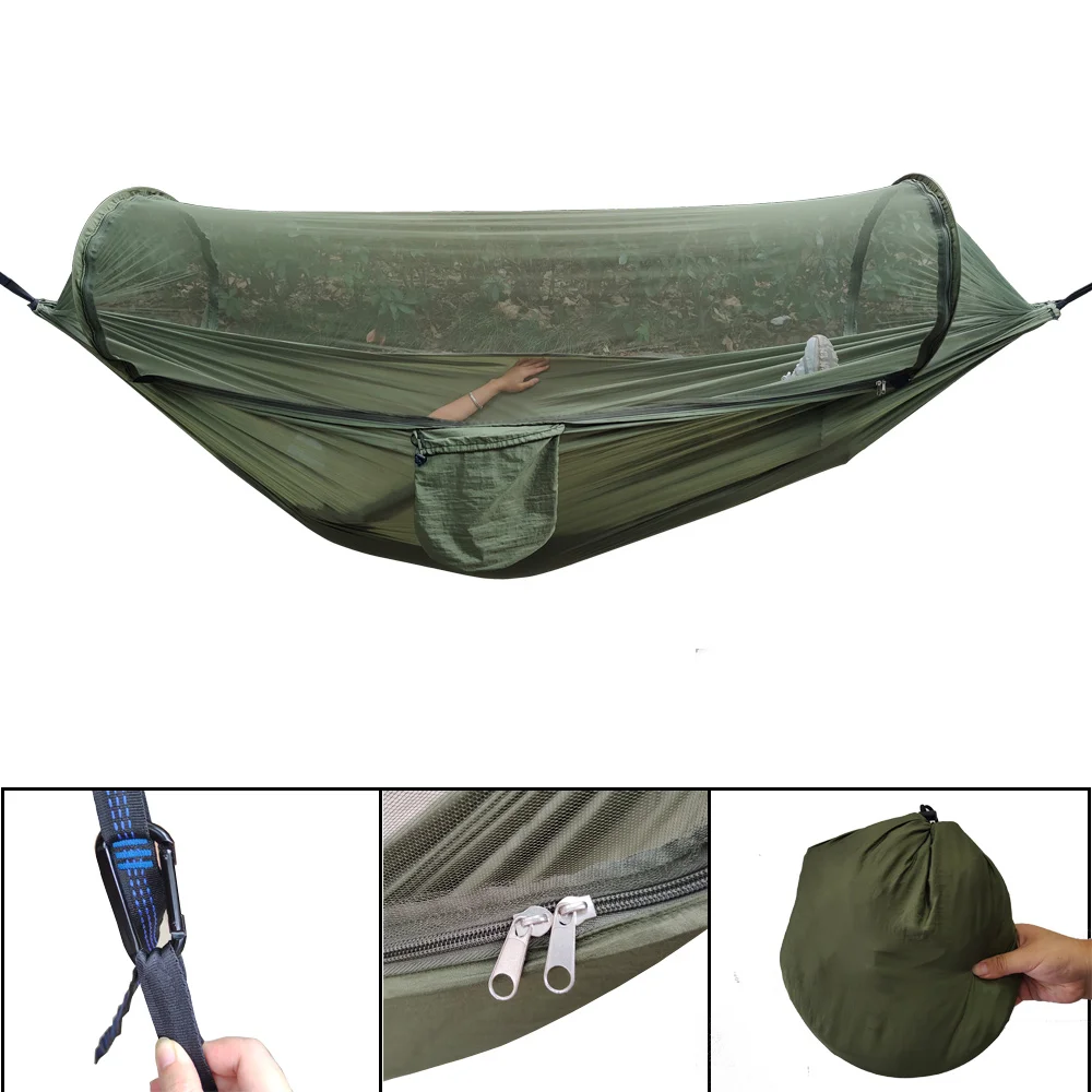 Imagem -04 - Hammock com Anti-mosquito ao ar Livre Duplo Náilon Parachute Pano Acampamento Rede Mosquiteira Rápida Aberta Rede de Controle de Rede 290*140