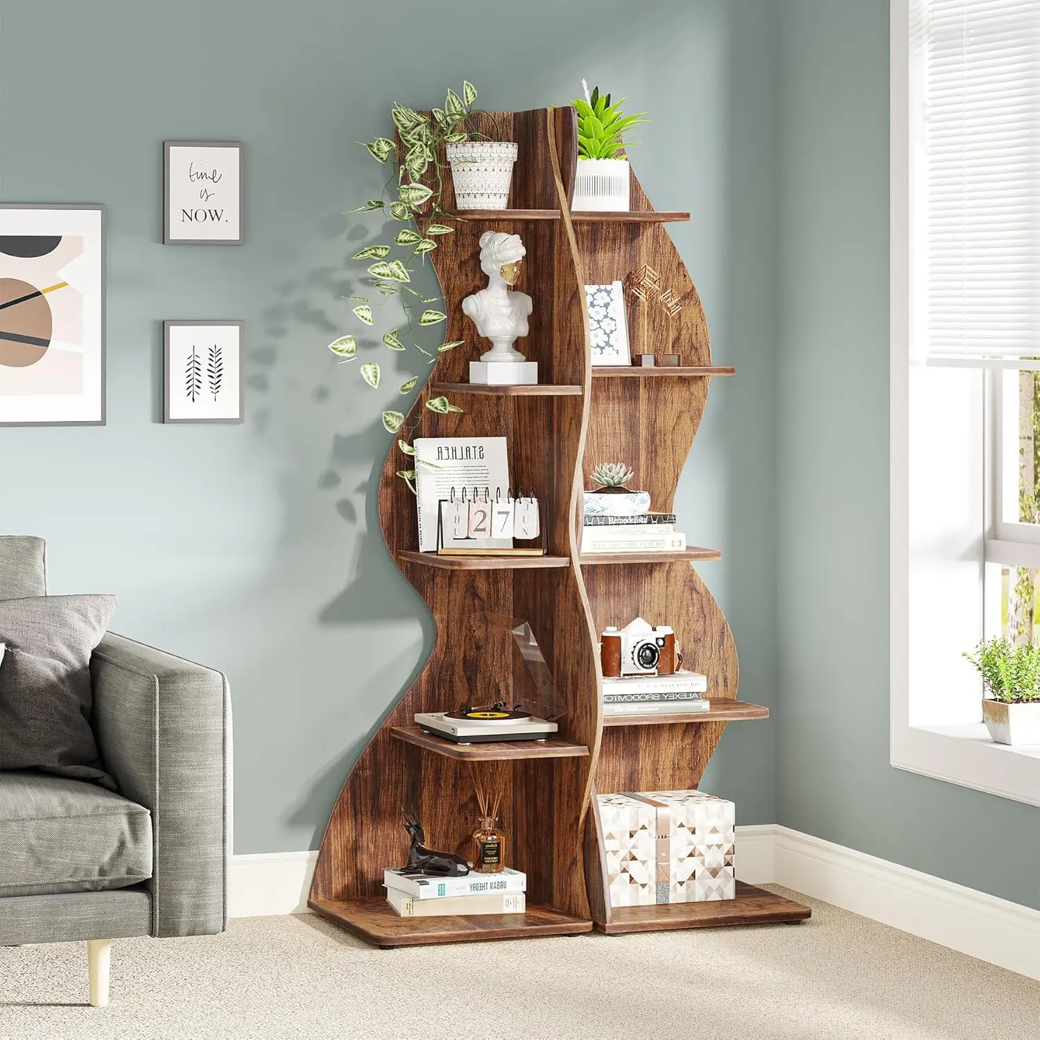 Corner Shelf, Rustic 5-Tier Wall Corner Bookshelf, Stylish Corner Small Bookcase Storage Rack Plant Stand with Unique Shape