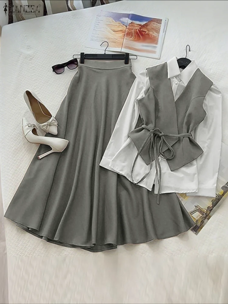 

2025 ZANZEA Женские осенние комплекты из 2 предметов: лоскутные рубашки с длинными рукавами и длинные юбки, модные комплекты платьев, элегантные офисные комплекты из 2 предметов