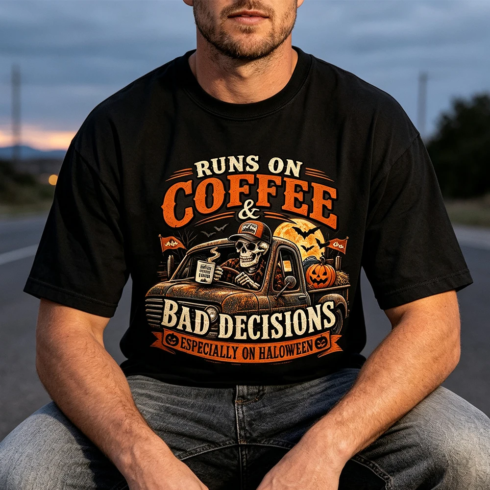 Funny Men's Halloween Shirt Runs on Coffee Bad Decisions Skeleton Pickup Truck Shirt Country Halloween T-Shirt Spooky Season Tee