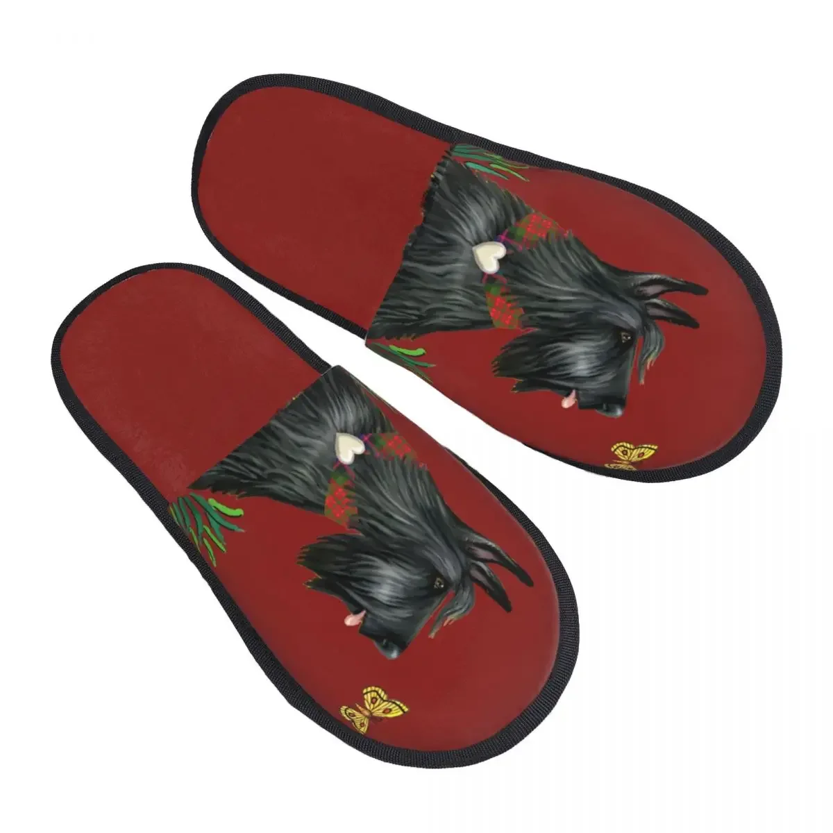 Scottish Terrier Watching A Soft Scuff Memory Foam Slippers Women Scottie Dog Bedroom House Shoes