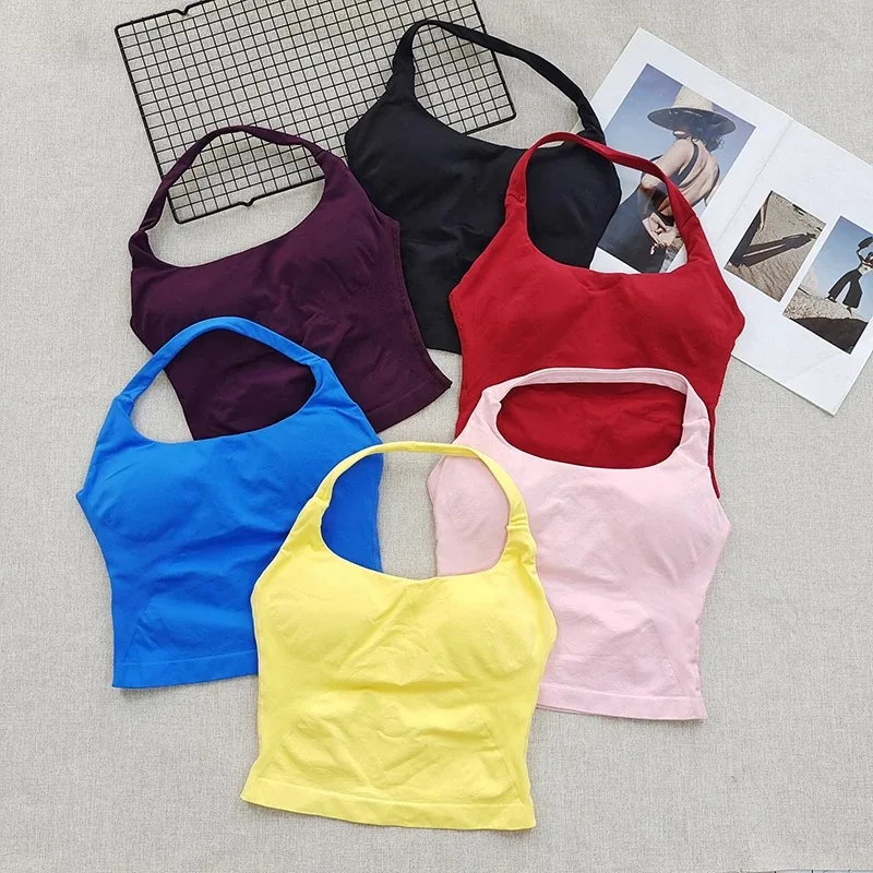 Women's Seamless Yoga Sports Vest Shock-Absorbing Beautiful Back Gathering Neck Hanging Design Fitness Sports Bra