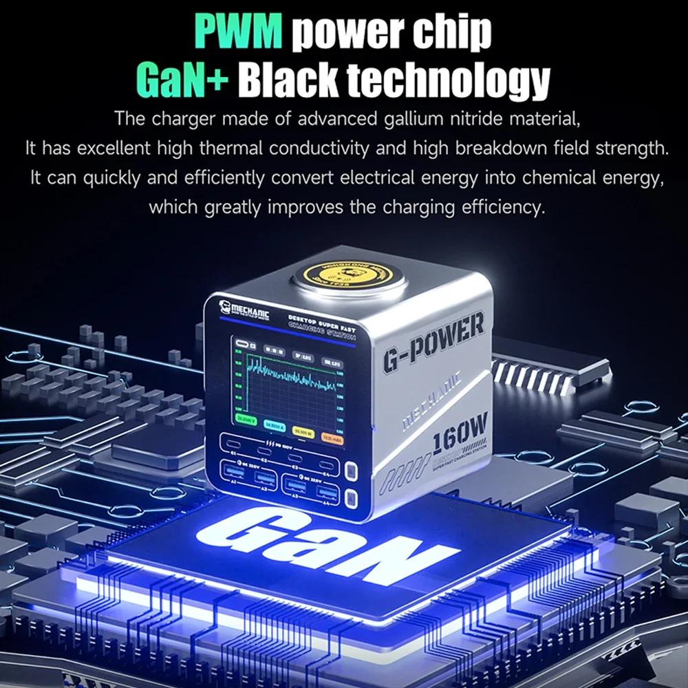 MECHANIC G-POWER 160W 8-port GaN Fast Charger PD QC 4C4A for IPhone Android Electronic Equipment Repair Fast Charging Tool