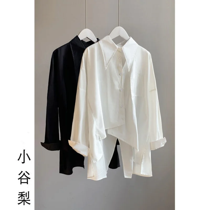 

Pure cotton irregular rear slit white shirt for women 2025 spring and autumn casual loose long sleeve fashionable cardigan