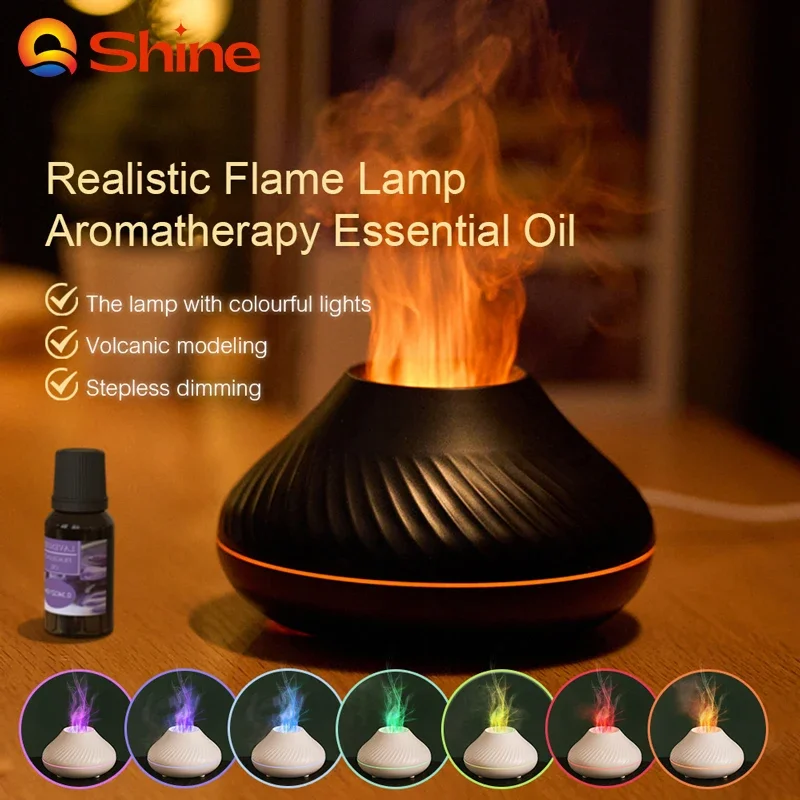 Volcanic Aroma Diffuser Portable Air Humidifier Diffuser Essential Oil Diffuser with 7 Colorful Flame Night Light Mist Sprayer