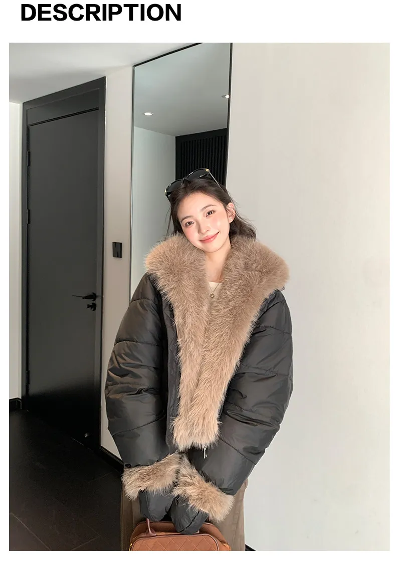 Korean Women's Short Puffer Jacket with Large Fur Collar Women Loose Thick Padded Cotton Coats Female Solid Casual Zipper Parkas