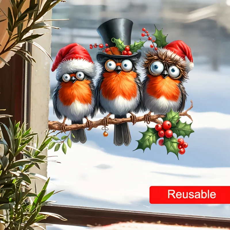 1 Stück seltsamer Vogel in Weihnachtsmann-Hüten, Weihnachtsfenster, statische Aufkleber für Glastüren, Wohnzimmer, Schlafzimmer, Küche, Urlaubsgeschenke