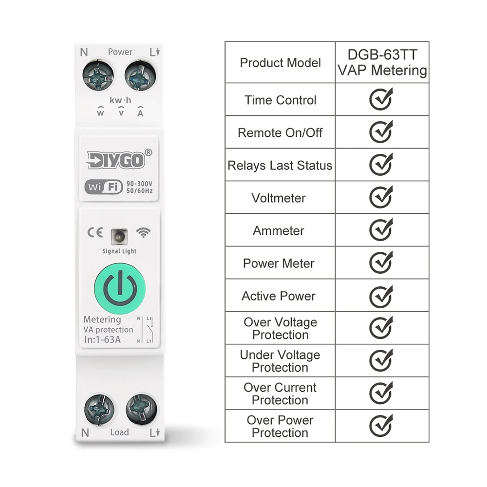 WiFi Smart Circuit Breaker Switch Tuya Voltage Current Protection Loop Timing Remote Control Metering Monitoring Home 1P+N 63A