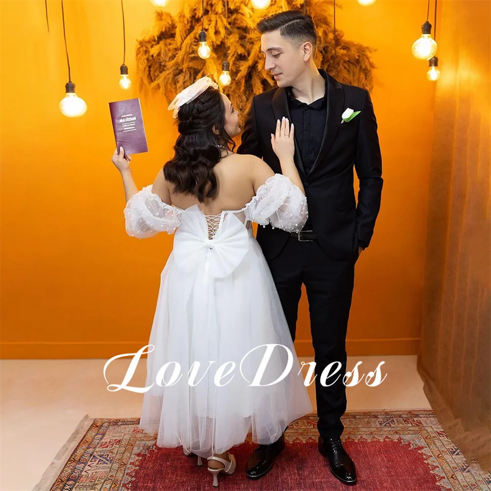 Lovedress-エレガントな真珠のチュールウェディングドレス、裸の花嫁のドレス、ピンセットのレースアップ、取り外し可能な袖、ティーレングス